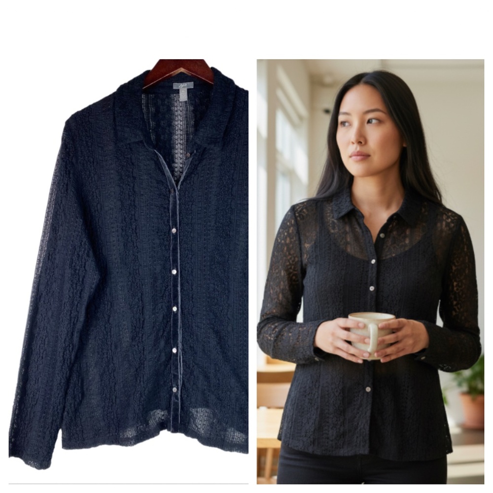 J. Jill XL 14 16 Shirt Top Blouse Black Lace Sheer Elegant Holiday Career